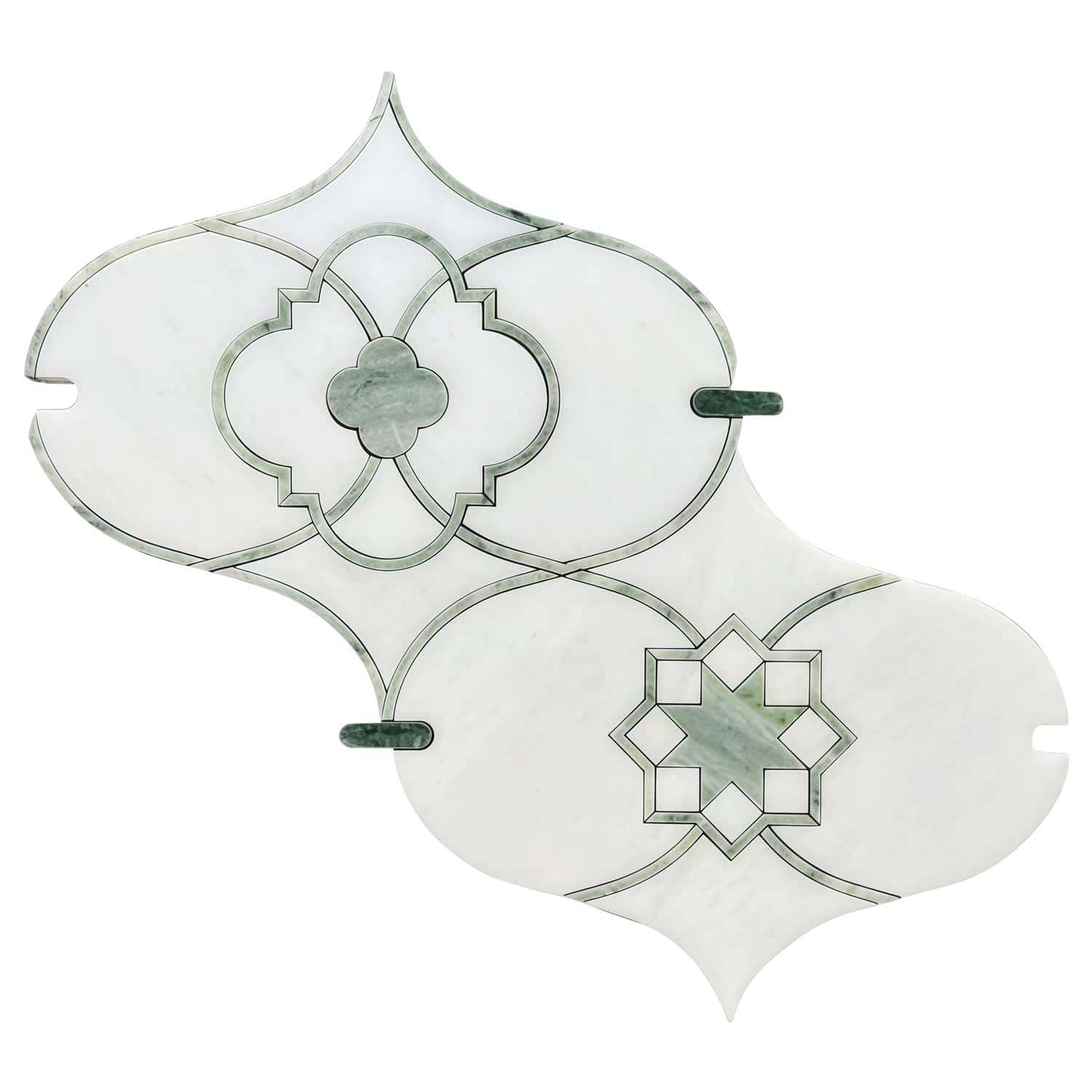 White marble and glass tile with intricate geometric design, smooth texture, and elegant appearance.