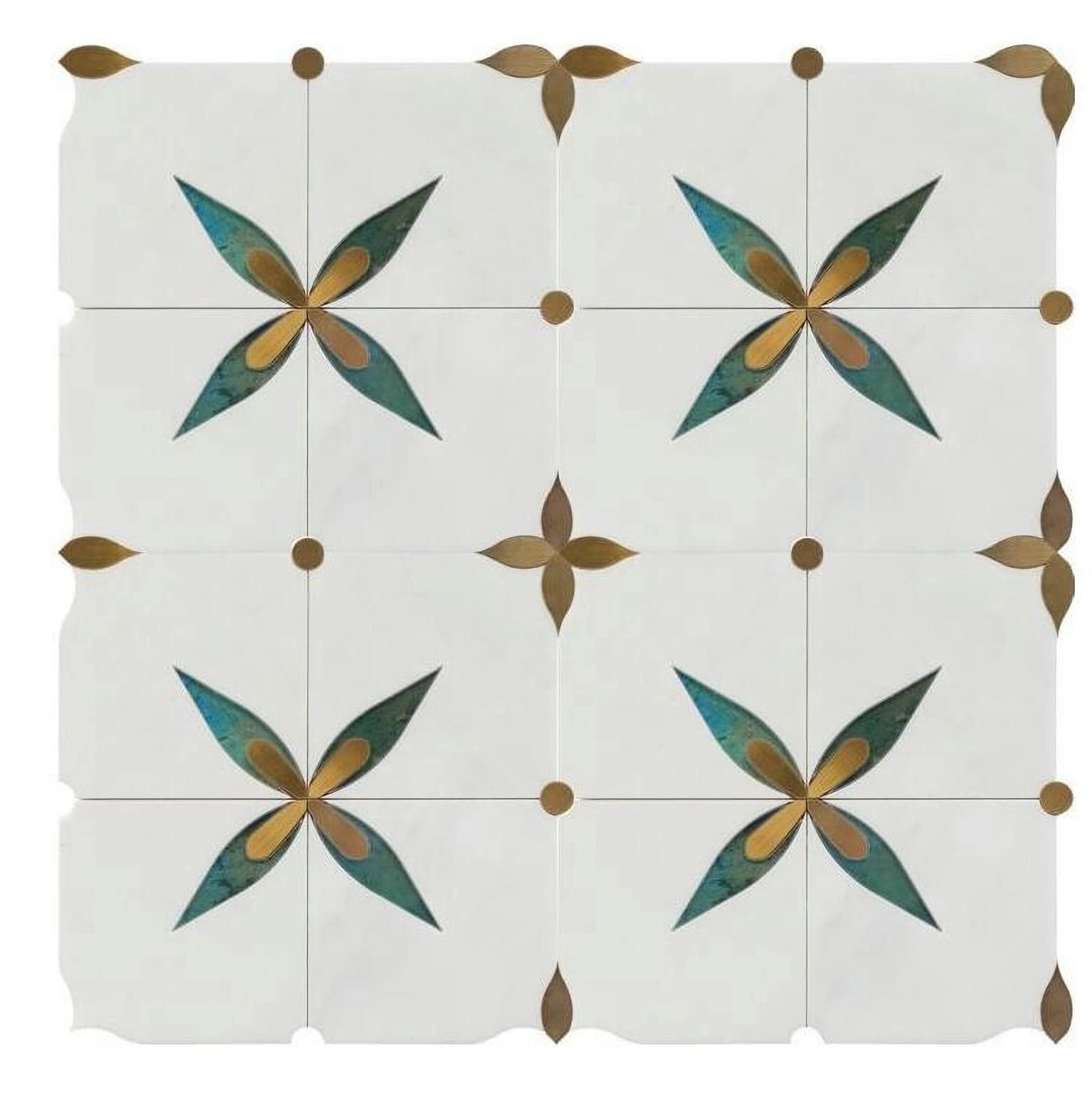 Colorful ceramic tile featuring a floral design with blue, green, and beige tones.