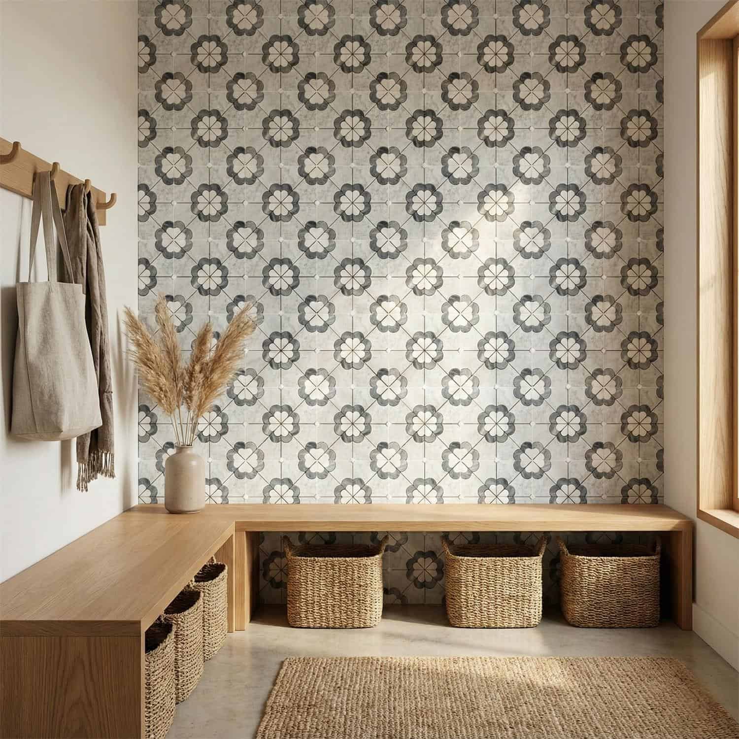 Gray and beige patterned ceramic tile with a matte finish, featuring floral motifs.