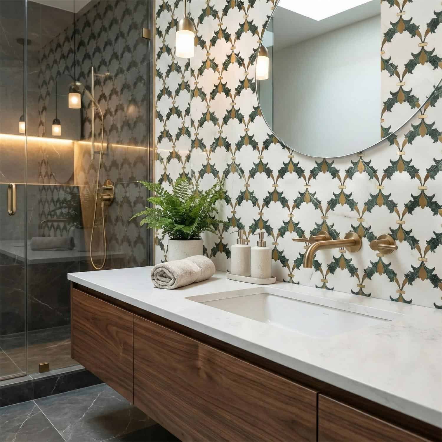 Decorative ceramic tiles with a holly leaf pattern in green, white, and gold accents.