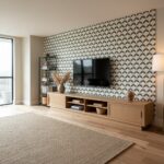 Modern living room with patterned wallpaper, wooden TV console, and decorative accents.