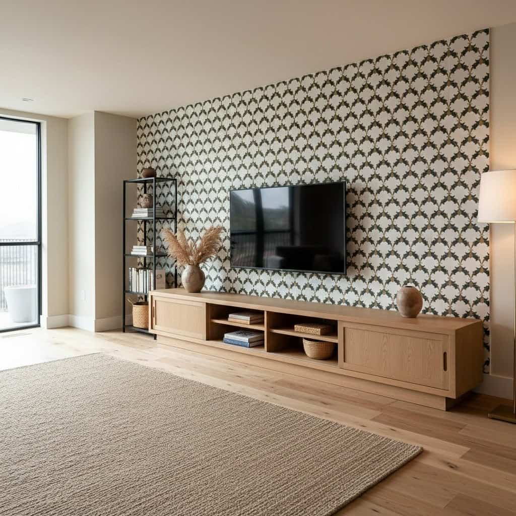 Modern living room with patterned wallpaper, wooden TV console, and decorative accents.