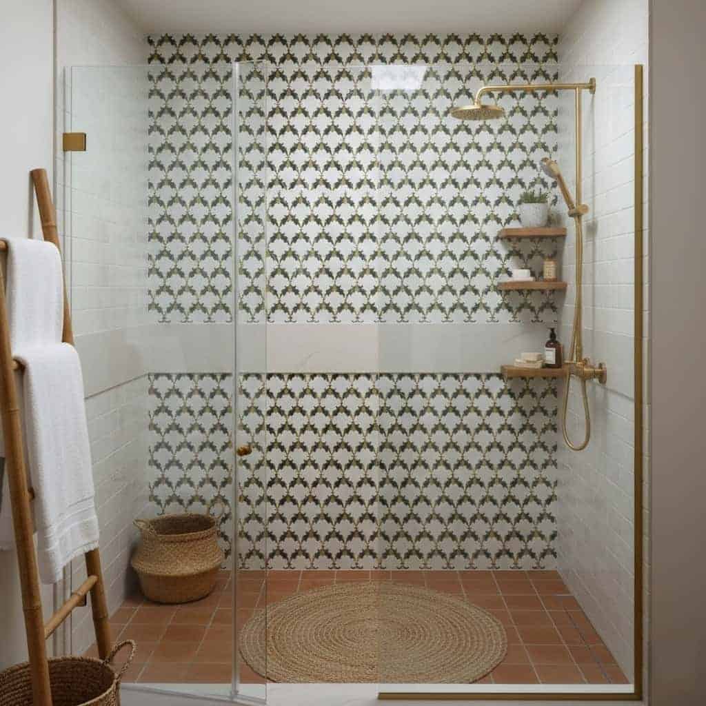 Patterned wall tiles in a bathroom shower with a white and dark gray geometric design.