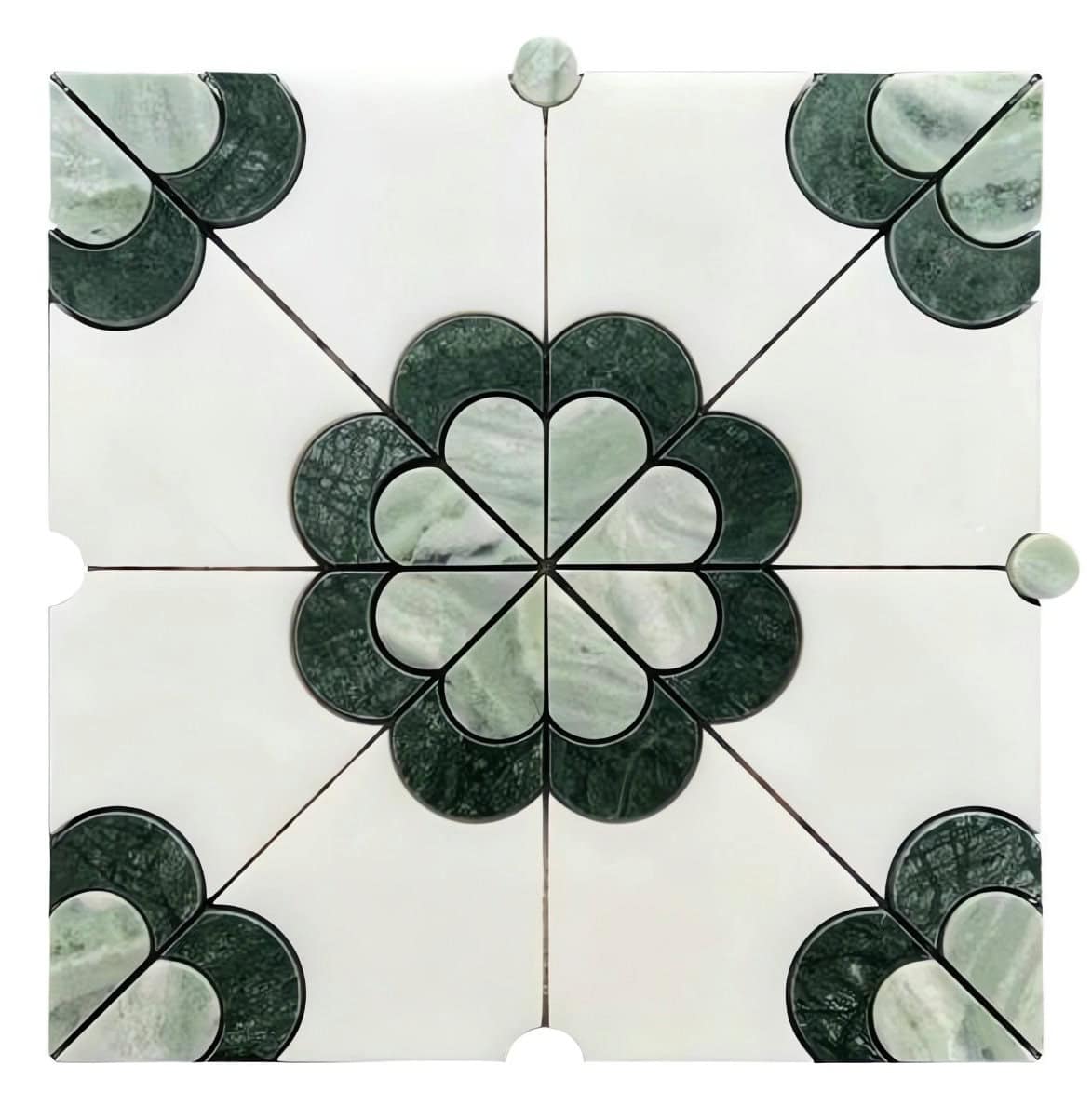 Green marble tile featuring a floral pattern with smooth texture and polished finish.