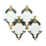 Decorative tile with green marble texture, gold accents, and a white background, featuring an intricate, symmetrical design.
