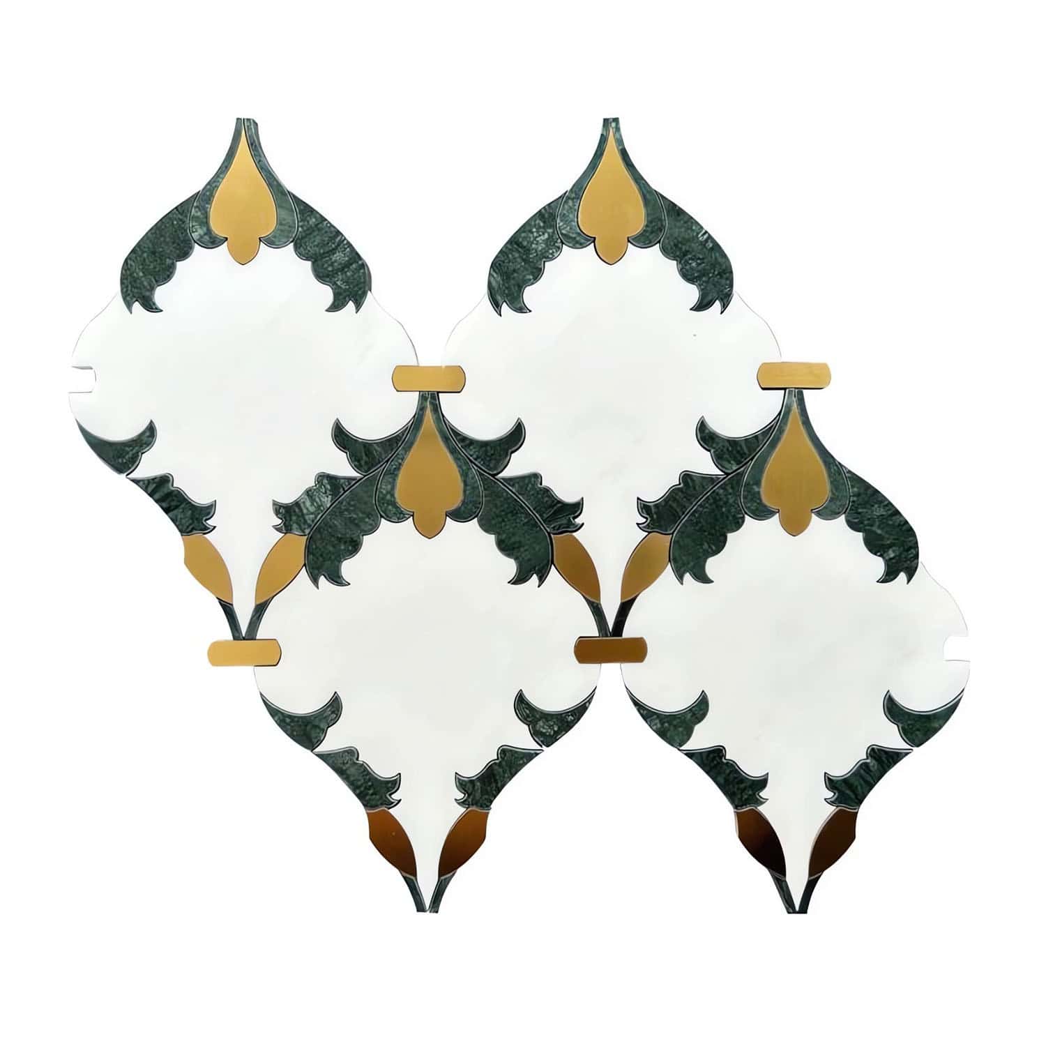 Decorative tile with green marble texture, gold accents, and a white background, featuring an intricate, symmetrical design.