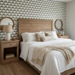 Warm beige and brown patterned ceramic tiles in a bedroom setting.