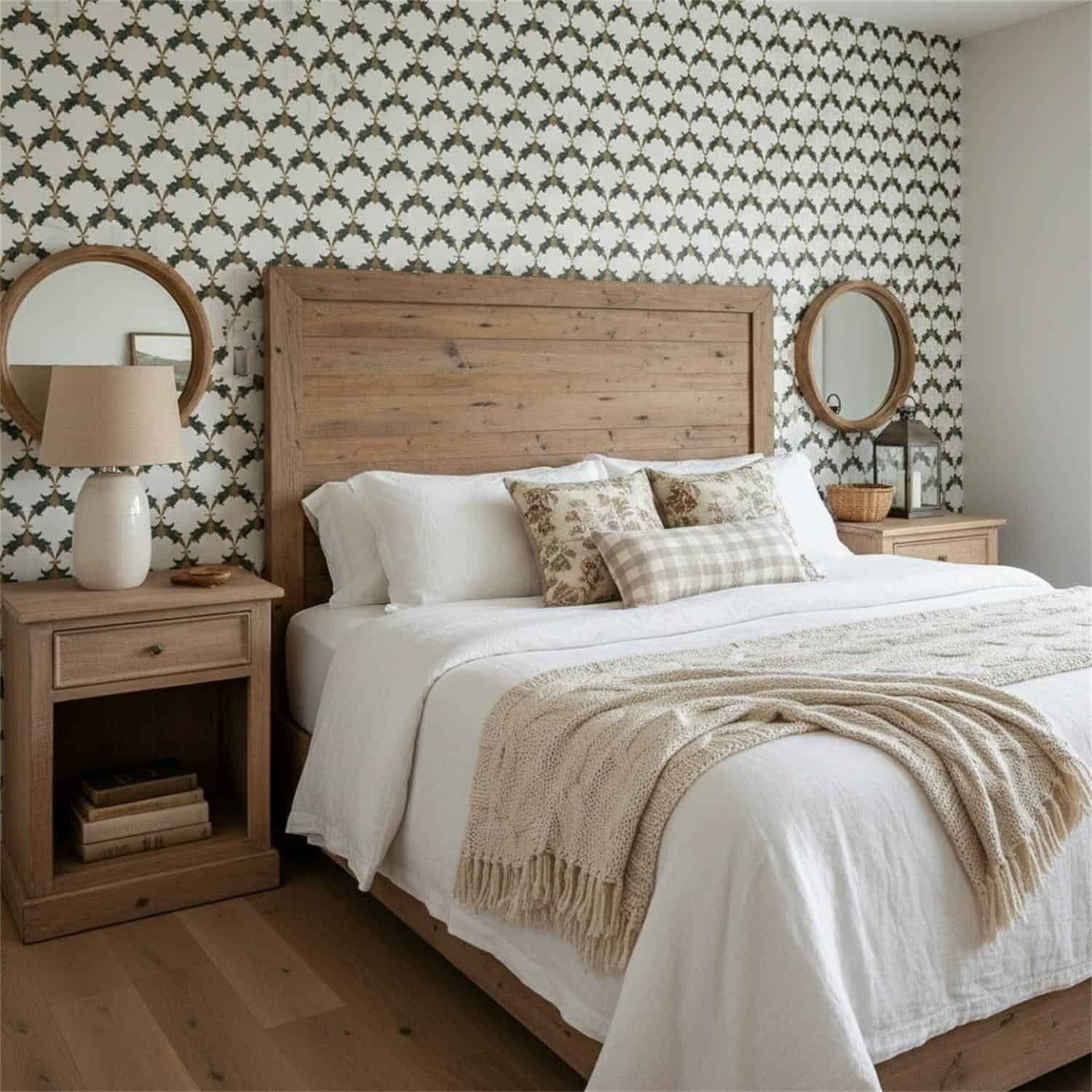 Warm beige and brown patterned ceramic tiles in a bedroom setting.