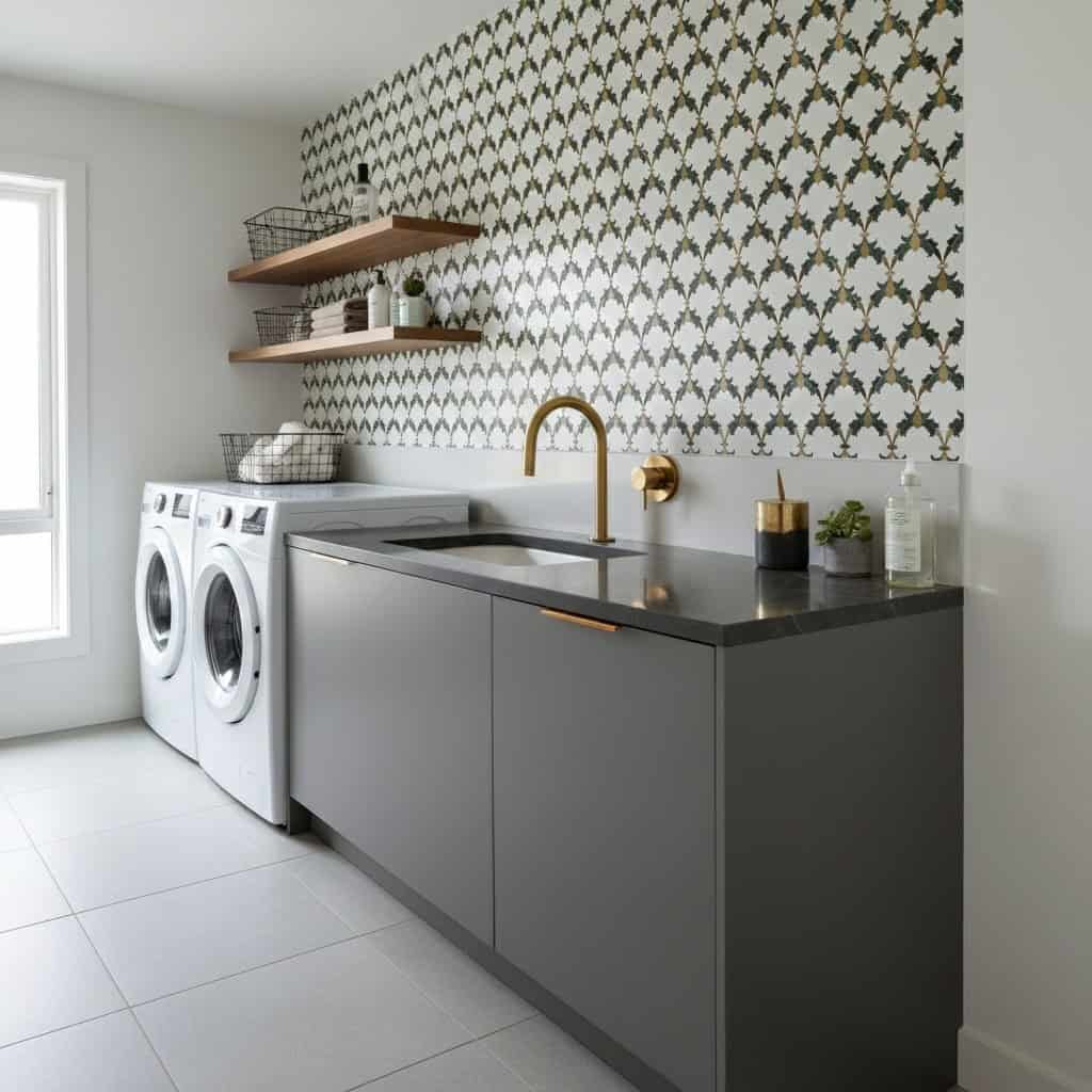 Bright laundry room with patterned geometric tiles, gray cabinetry, and gold fixtures. Modern, functional space with natural.