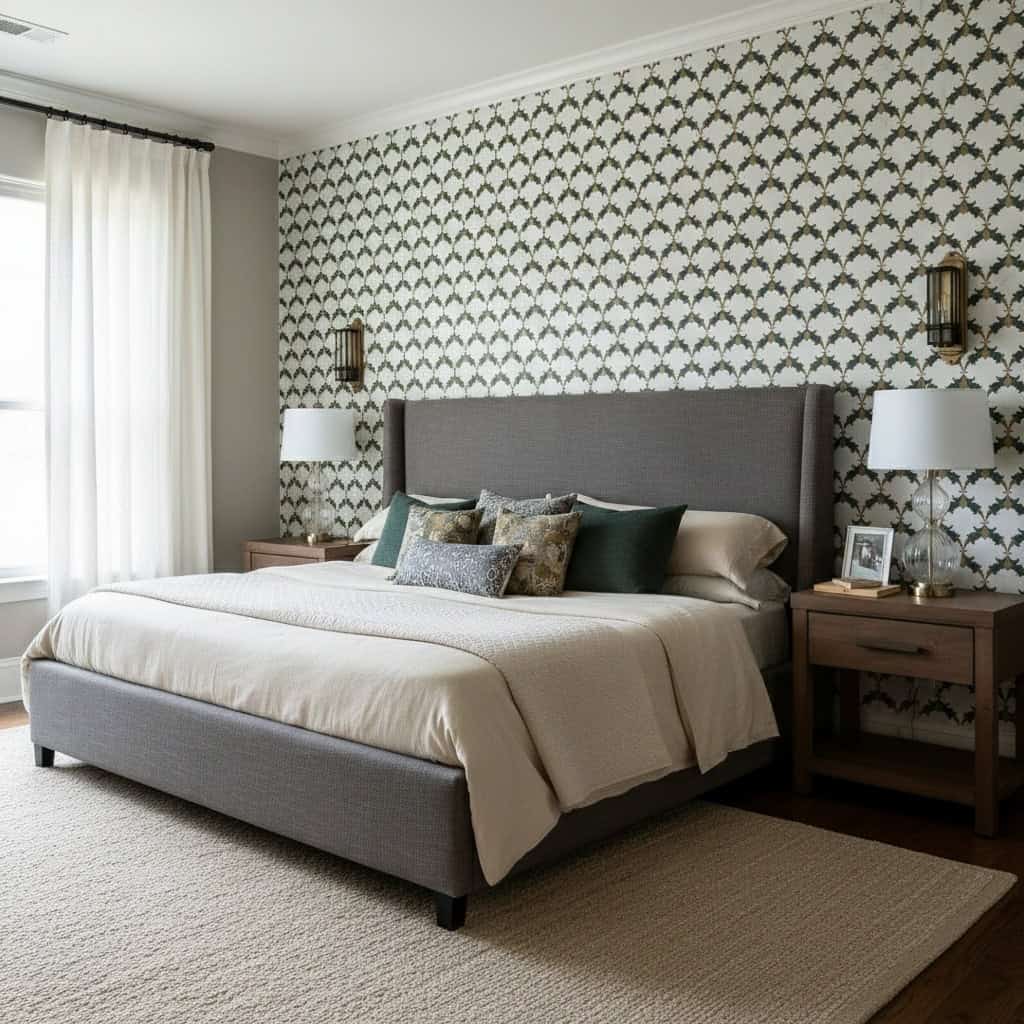 Gray and white textured wall tile with geometric design, suitable for bedroom accent walls.