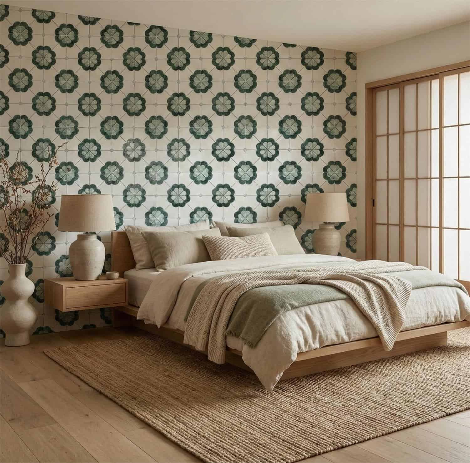Decorative ceramic tile with floral pattern in shades of green and cream.