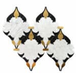 Decorative black, white, and gold patterned tile featuring a marble texture and intricate design.
