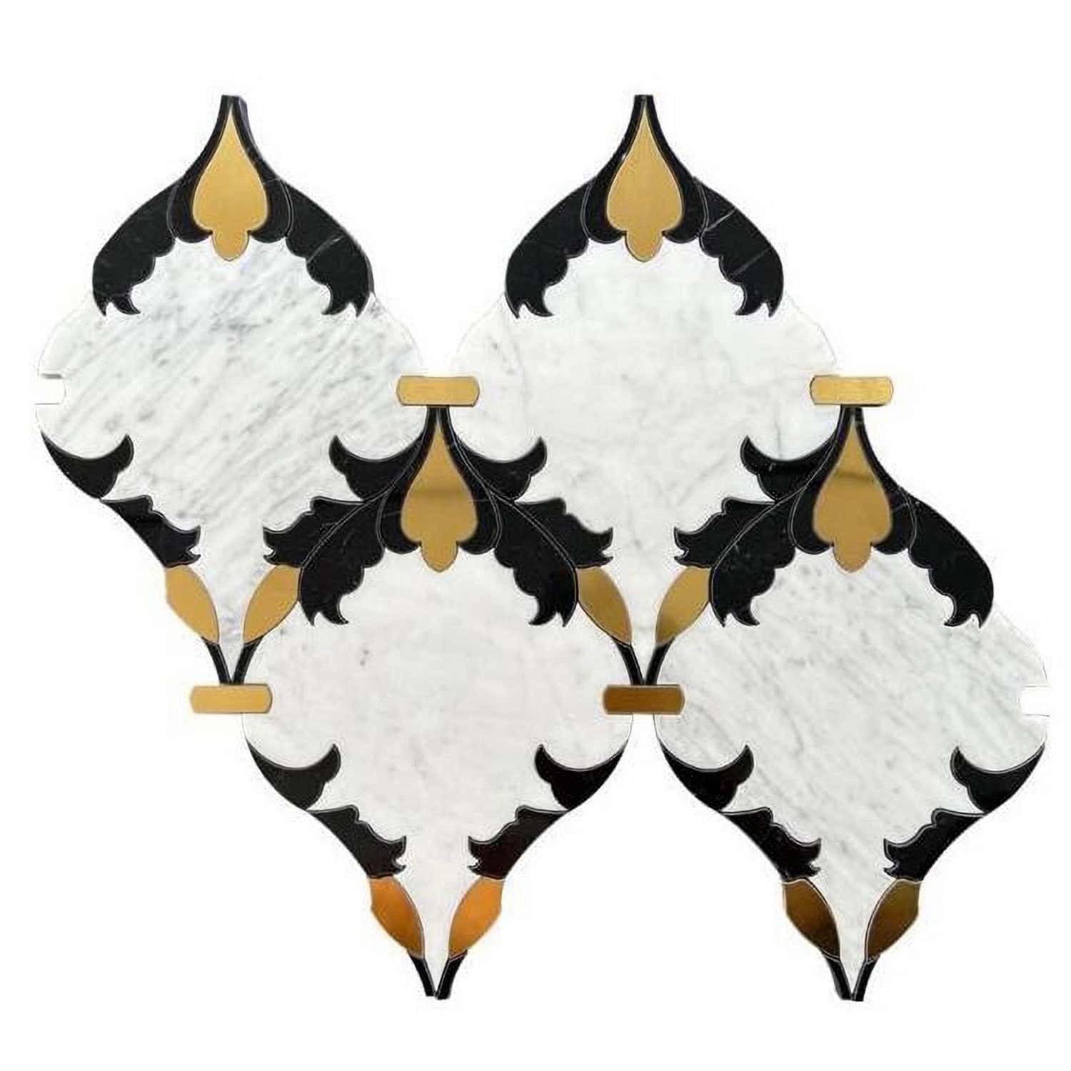 Decorative black, white, and gold patterned tile featuring a marble texture and intricate design.