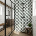 Decorative floral patterned tiles in shades of green and white.