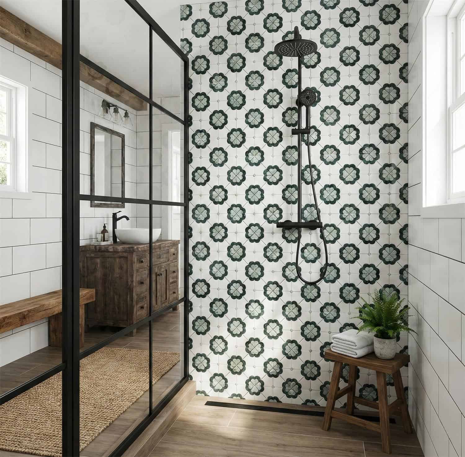 Decorative floral patterned tiles in shades of green and white.
