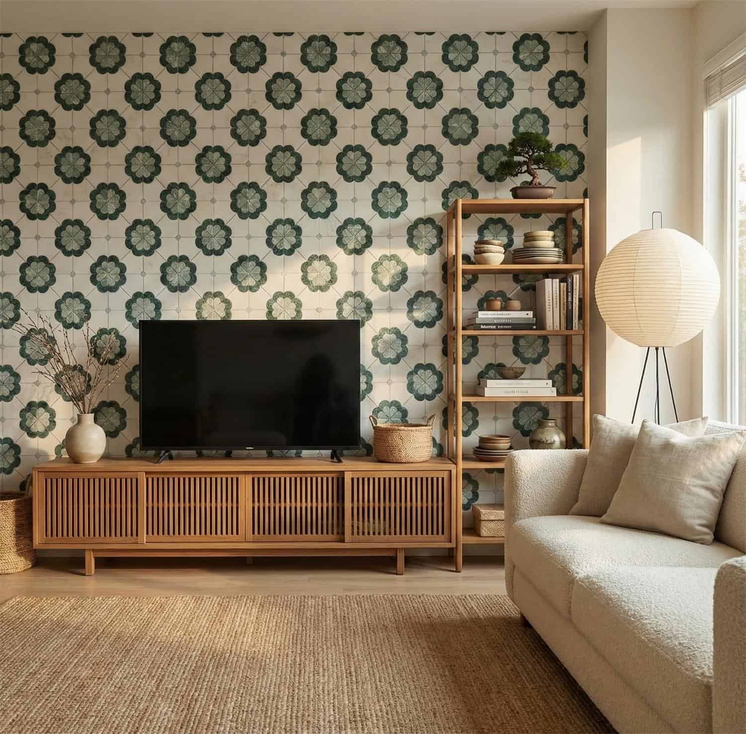 Decorative ceramic tiles with a floral pattern in shades of green and cream.