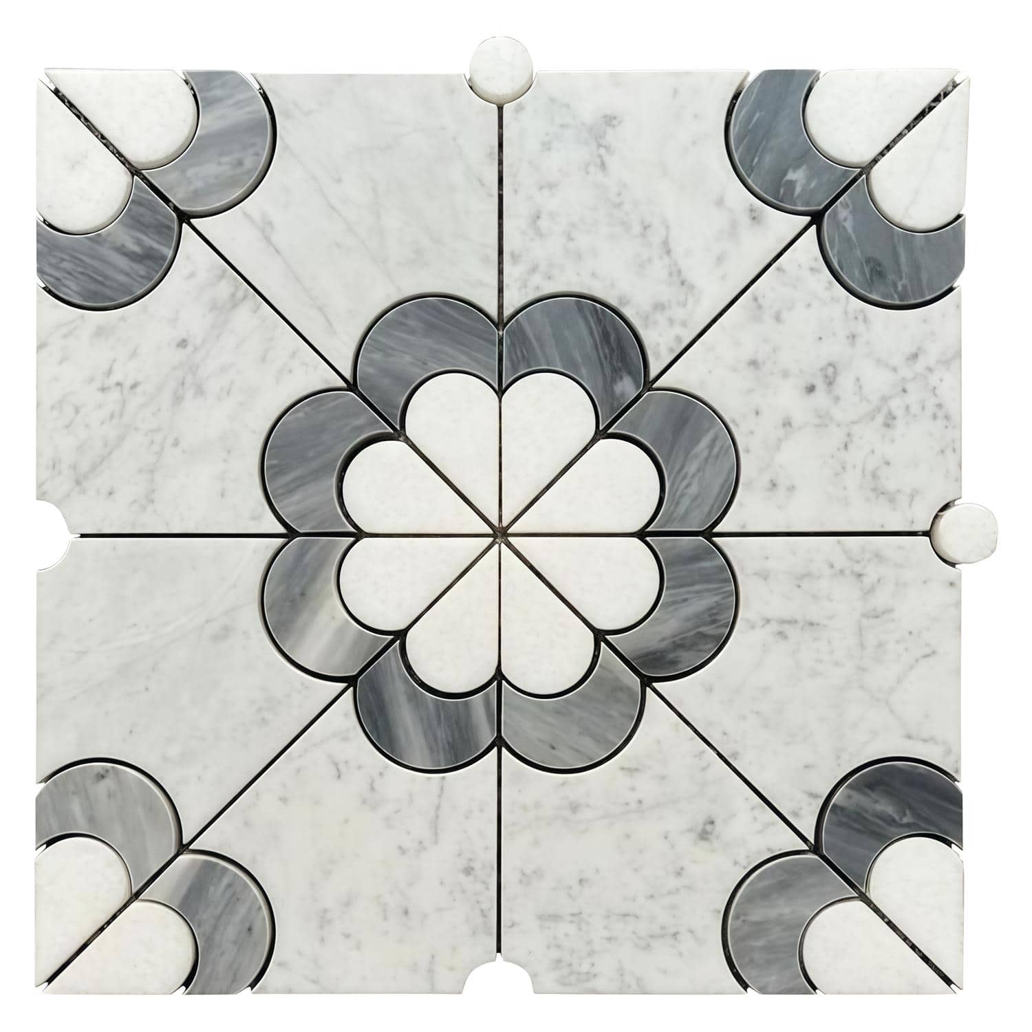 Elegant marble and onyx geometric patterned tile with black accents.