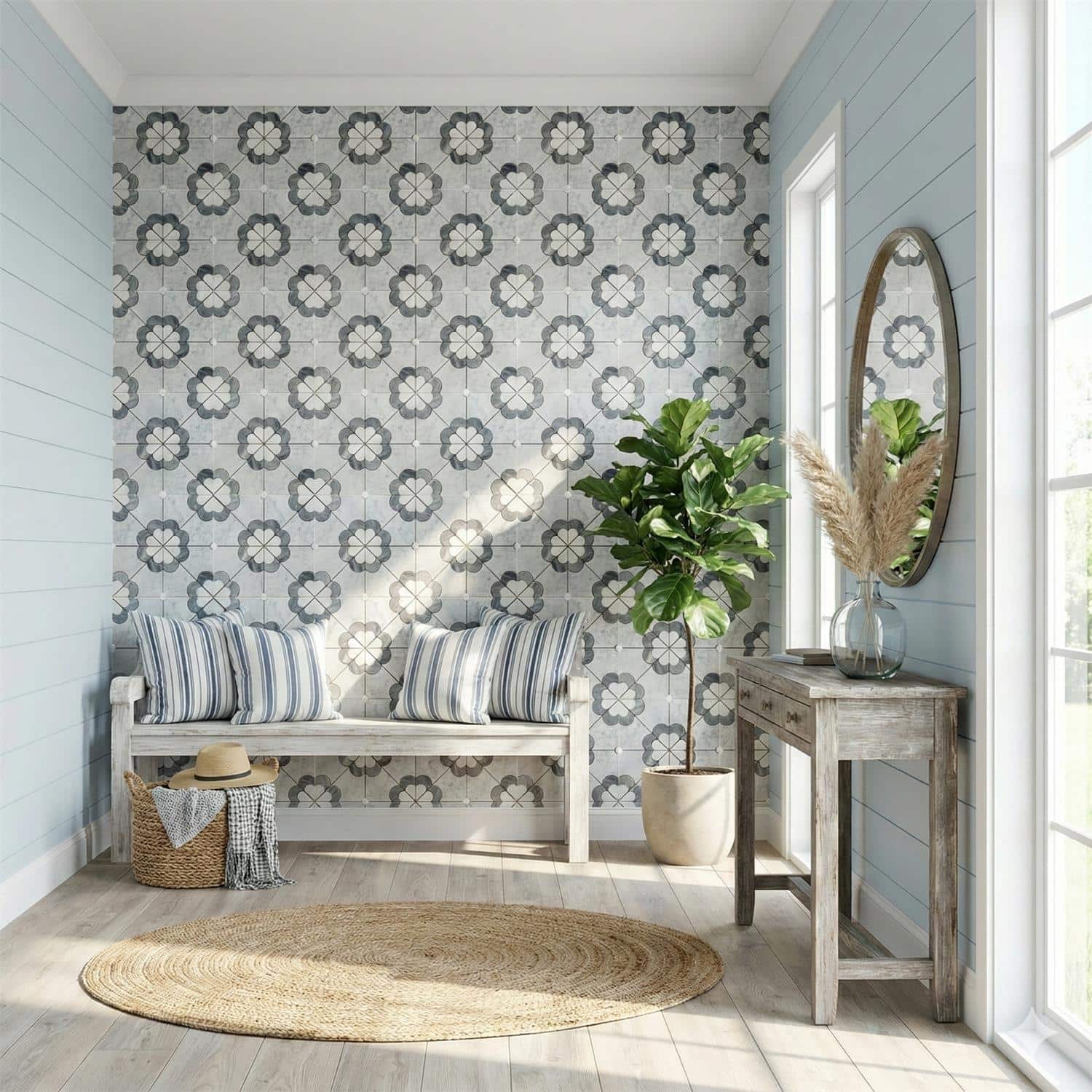 Describe tile color, texture, and.