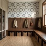 Bright, patterned ceramic tiles with floral design on wooden wall paneling.