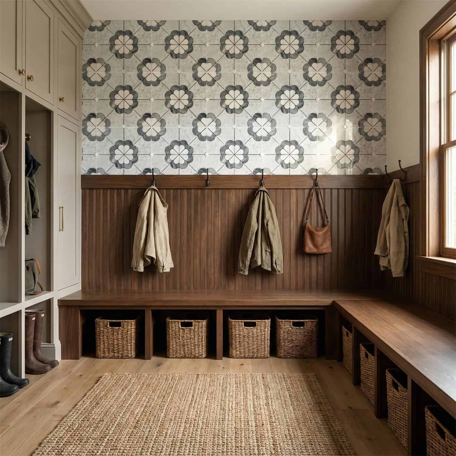 Bright, patterned ceramic tiles with floral design on wooden wall paneling.