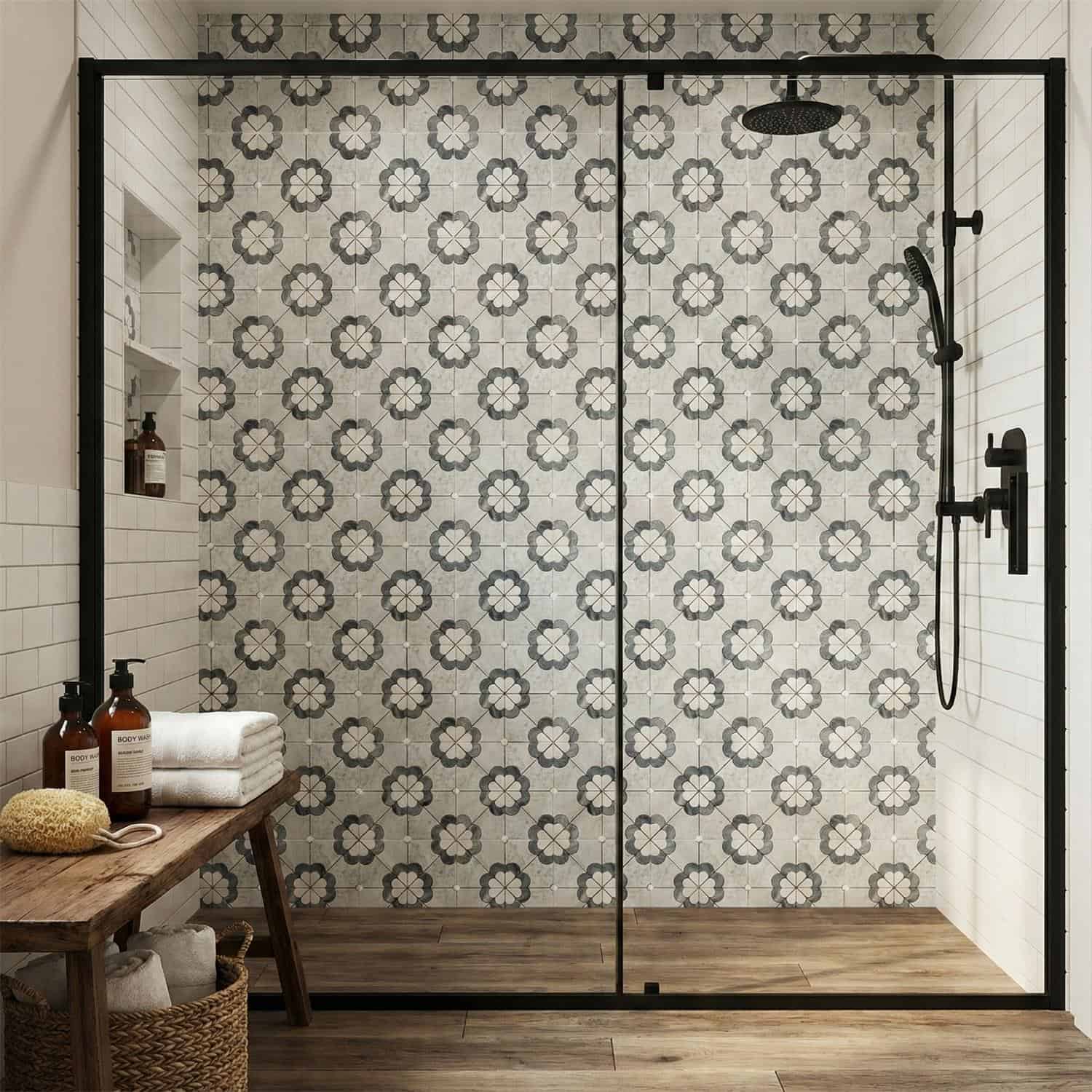 Gray and white patterned ceramic tiles, textured surface, modern floral design.