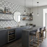 Gray and white patterned ceramic tile with textured surface in kitchen.