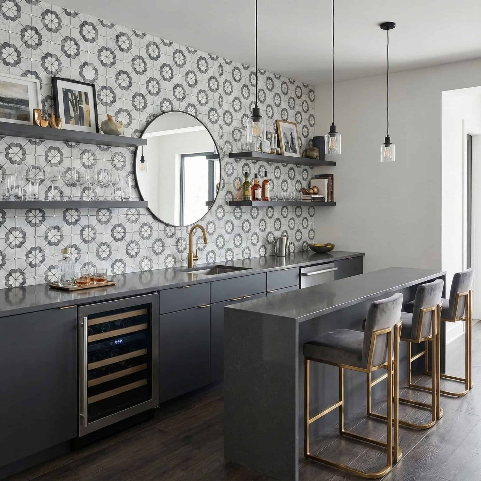 Gray and white patterned ceramic tile with textured surface in kitchen.