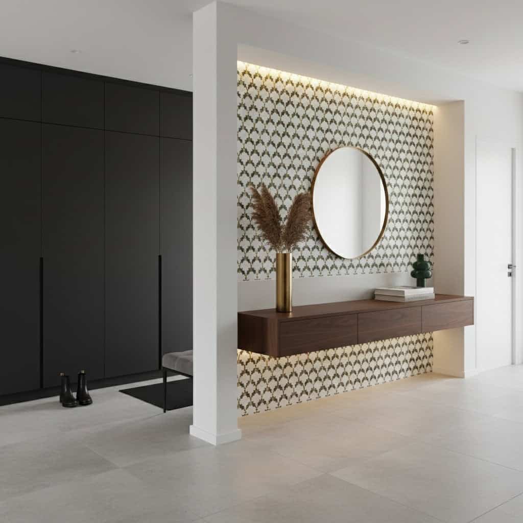 Geometric patterned tile wall in black and white, with a wooden console and round mirror, creating a stylish and contemporary.