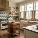 Bright floral patterned tile backsplash in the kitchen.