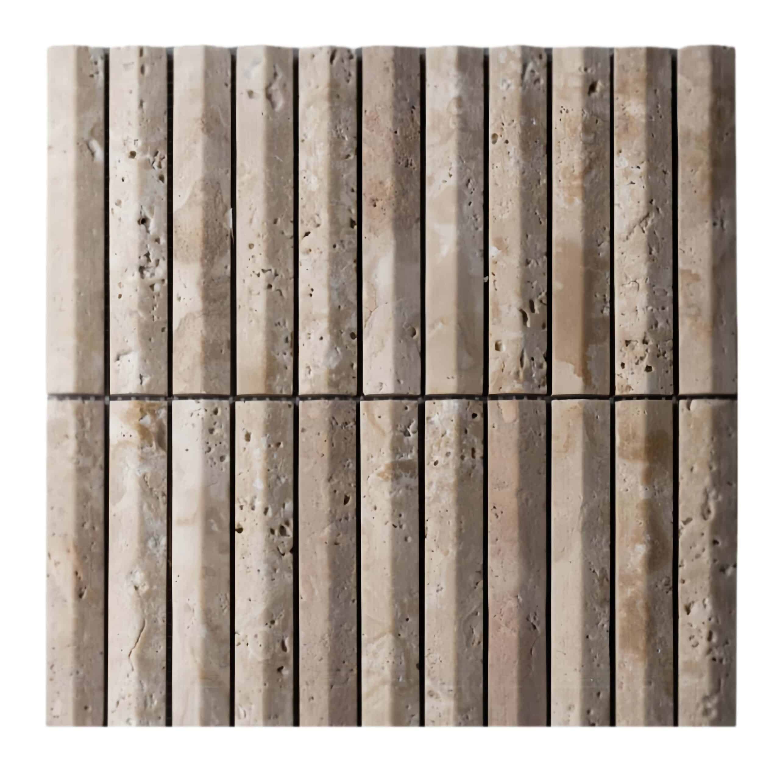 Beige stone brick tile with a textured surface and rustic appearance, ideal for accent walls or flooring in home interiors.