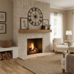 Brick fireplace wall with a wooden mantel, framed botanical prints, and a cozy living room setting.