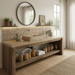 Wooden countertop with glass jars, potted plants, and decorative items in a bright, modern bathroom.