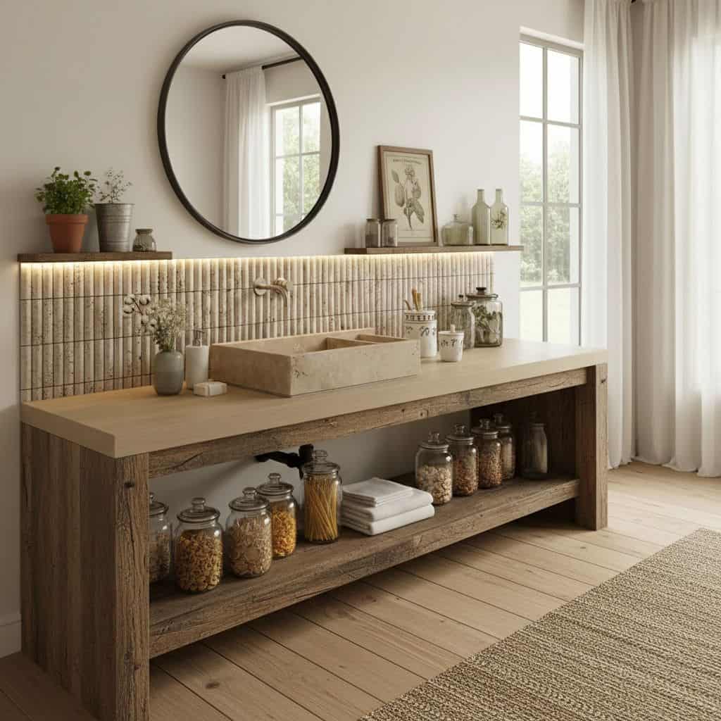 Wooden countertop with glass jars, potted plants, and decorative items in a bright, modern bathroom.
