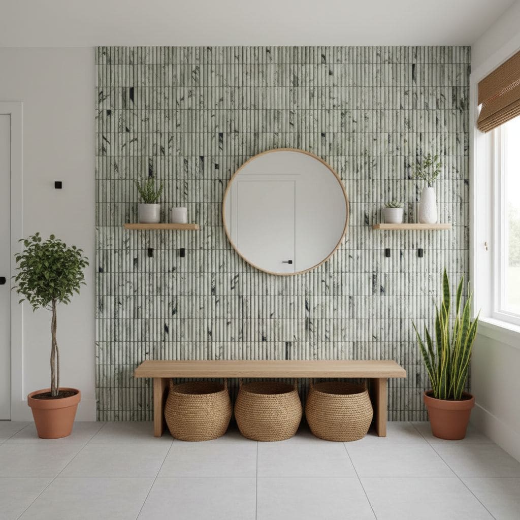 Decorative green striped tile wall with round mirror and potted plants.