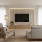 Light beige ceramic tile with a textured surface, used as a decorative wall feature behind the TV in a modern living room.