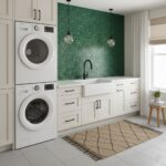 Modern laundry room with green peel and stick tile backsplash, white cabinetry, and a farmhouse sink.