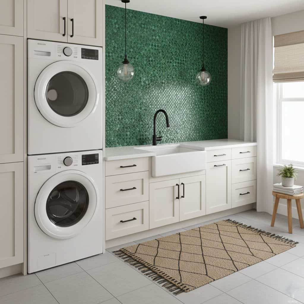 Modern laundry room with green peel and stick tile backsplash, white cabinetry, and a farmhouse sink.