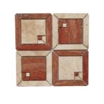 Decorative tile with red and beige stone materials, featuring a geometric pattern with small square accents.