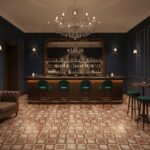 Charming bar interior featuring dark blue walls, a wooden bar counter, and patterned ceramic floor tiles in warm tones.