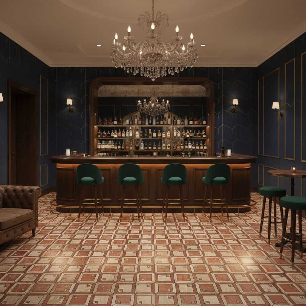 Charming bar interior featuring dark blue walls, a wooden bar counter, and patterned ceramic floor tiles in warm tones.