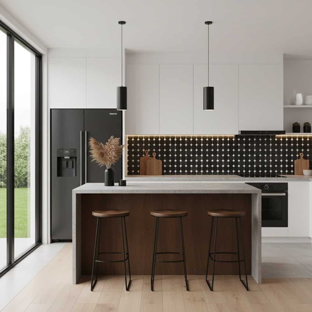 Sleek black and white kitchen featuring a black tiled backsplash, white cabinets, and a wooden island with three bar stools.