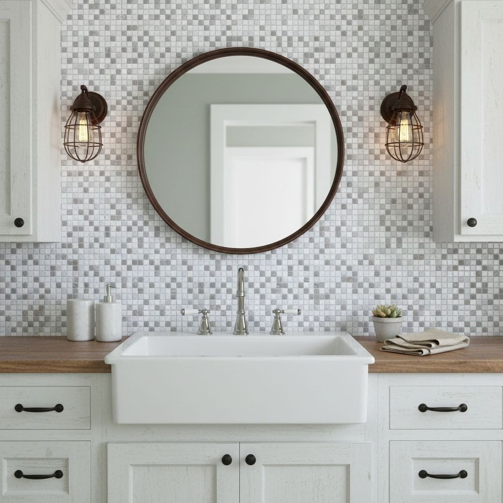 A stylish bathroom featuring a glass mosaic tile backsplash, round mirror, and wall sconces, creating a modern and elegant lo.