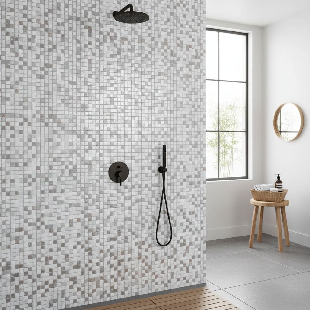 Shower wall featuring a mosaic of glass tiles in a modern bathroom setting with a window and minimal decor.