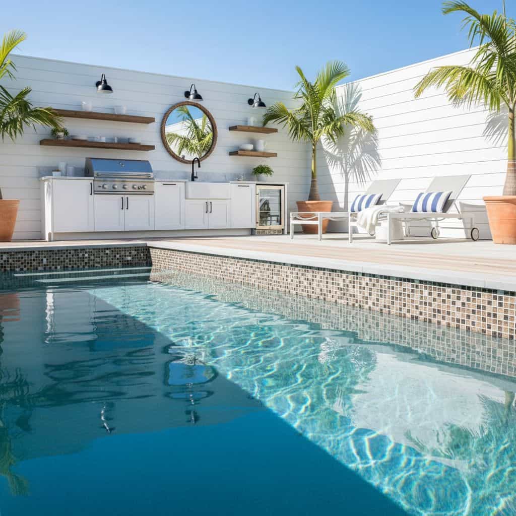 A stylish outdoor space featuring a swimming pool, glass mosaic tiles, and a sleek outdoor kitchen with lounge chairs.