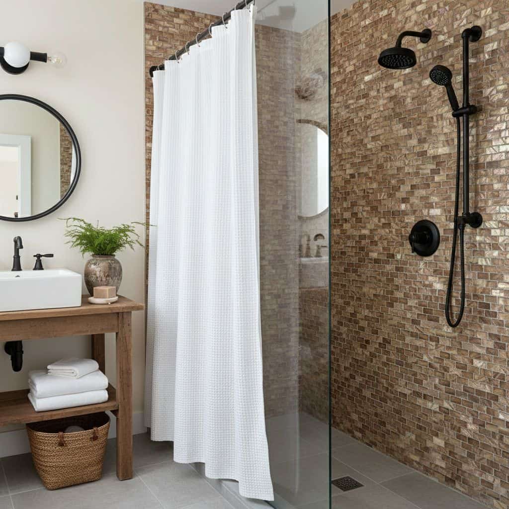 Bathroom featuring oyster shell tile wall, black shower fixtures, and a cozy, minimalist design.