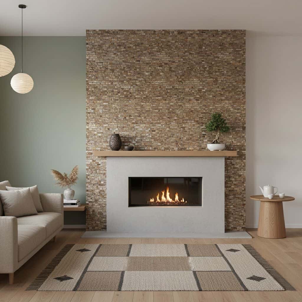 A modern living room featuring a fireplace with a shell tile accent wall made of mother of pearl and oyster shells. Elegant a.