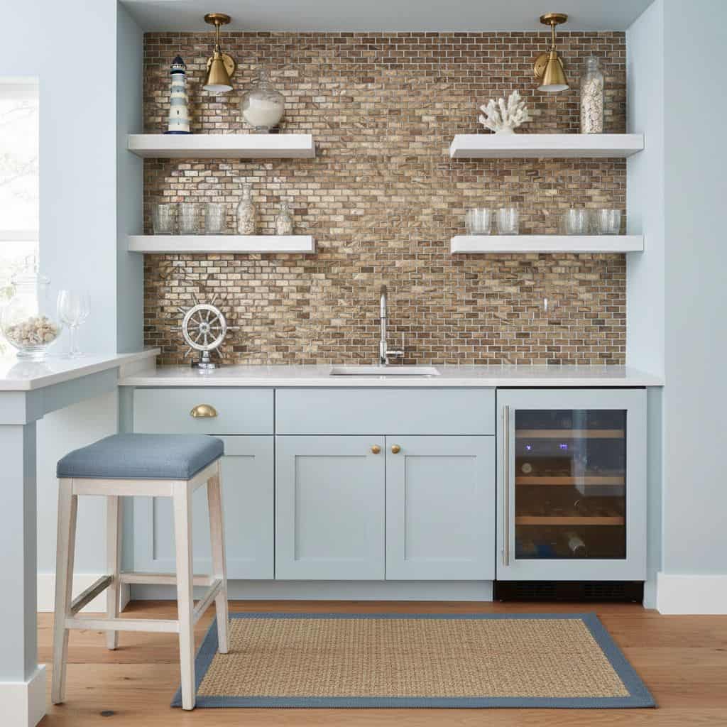 Beautiful shell tile backsplash featuring mother of pearl and oyster shell accents in a modern kitchen setting.