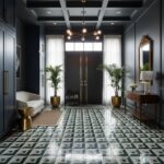 Elegant entryway with black and white geometric ceramic tiles, complemented by lush green plants and classic decor accents.