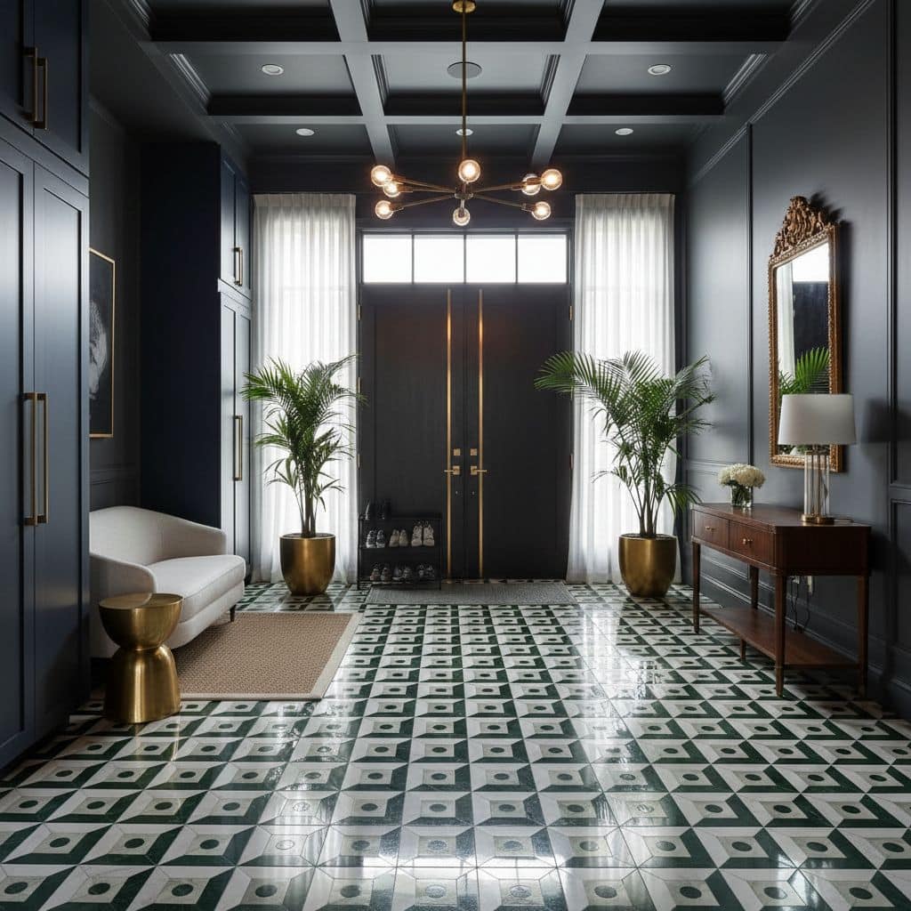 Elegant entryway with black and white geometric ceramic tiles, complemented by lush green plants and classic decor accents.