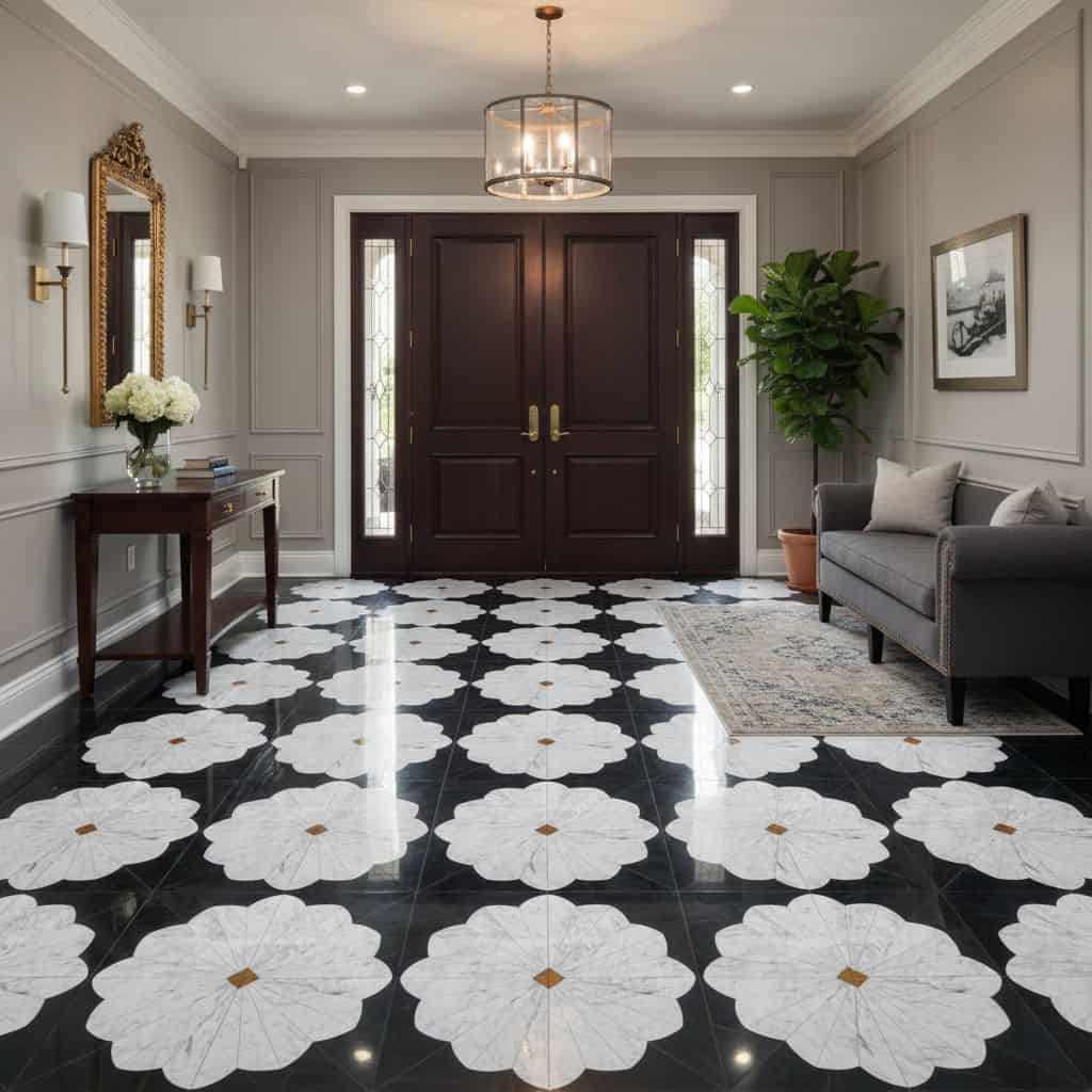 Bright entryway featuring white flower-patterned marble tiles with gold accents, dark wood double doors, and classic decor el.